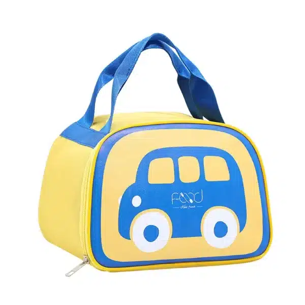 Sac isotherme enfant au design voiture bleu et jaune, parfait pour garder les repas frais lors des sorties ou journées d'école.