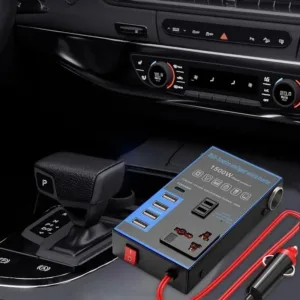 Convertisseur de tension voiture 1500W avec ports USB et prises secteur pour voyage et camping.