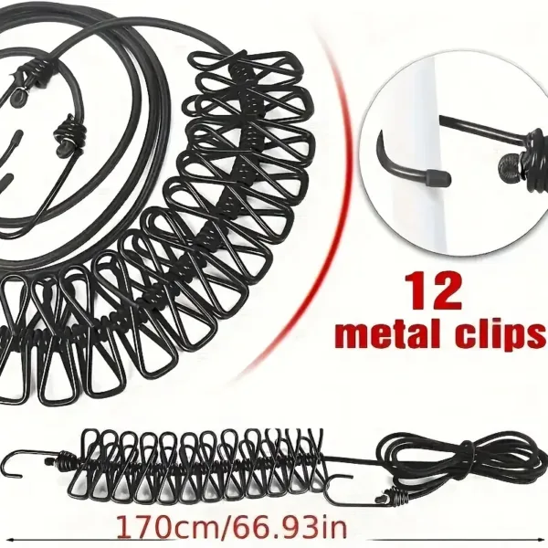 Corde à linge élastique 170 cm avec 12 pinces métalliques antirouille, idéale pour sécher vêtements et chaussettes à la maison ou en voyage.