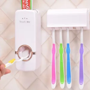 Distributeur automatique de dentifrice avec porte-brosse intégré, parfait pour organiser et simplifier la routine d’hygiène bucco-dentaire de toute la famille.