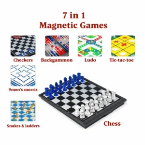 Jeu de société 7 en 1 magnétique avec échecs, dames, backgammon, ludo, tic tac toe, serpents et échelles pour famille au Maroc