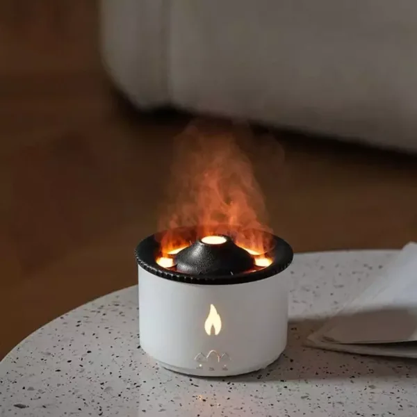 Humidificateur d'air avec effet flamme réaliste, diffusant une brume apaisante et créant une ambiance chaleureuse et relaxante