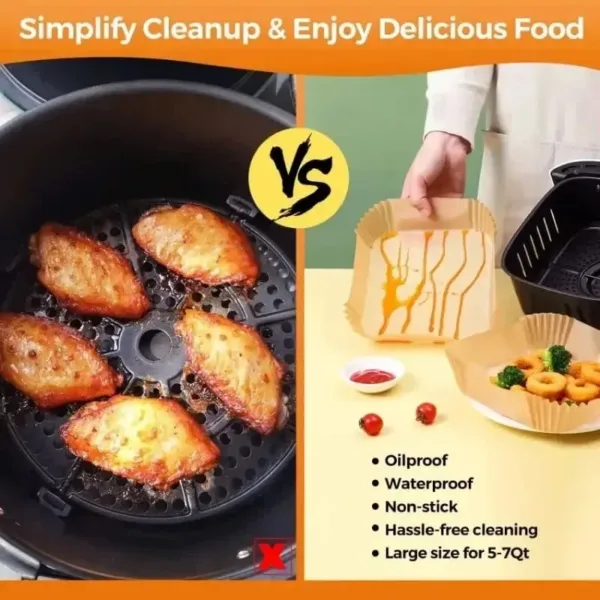 Papier cuisson pour friteuse à air, en forme carrée avec bords plissés, idéal pour une cuisson sans huile
