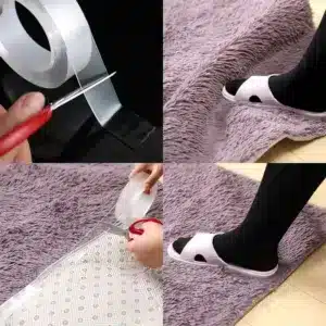 Rouleau de ruban adhésif double face transparent, parfait pour des fixations solides et discrètes, utilisé dans divers projets de bricolage.