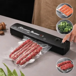 Scelleuse sous vide compacte avec saucisses emballées, parfaite pour conserver les aliments frais et prolonger leur durée de vie.