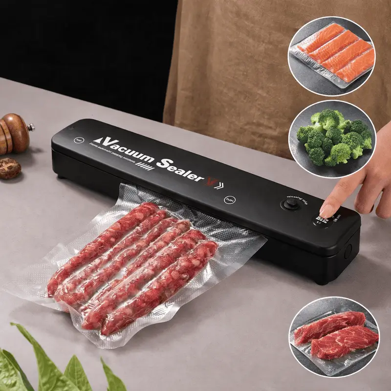 scelleuse-sous-vide-10-sachets Scelleuse sous vide compacte avec saucisses emballées, parfaite pour conserver les aliments frais et prolonger leur durée de vie.