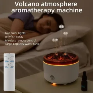 Humidificateur volcan à 3 sorties avec télécommande sur une table de nuit.