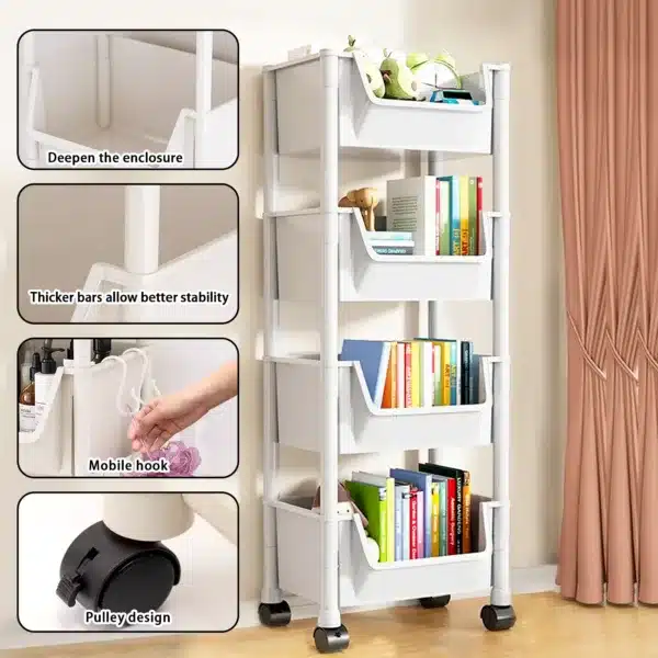 Étagère de rangement blanche avec paniers amovibles et roulettes, utilisée pour organiser des produits alimentaires dans une cuisine ou un salon.