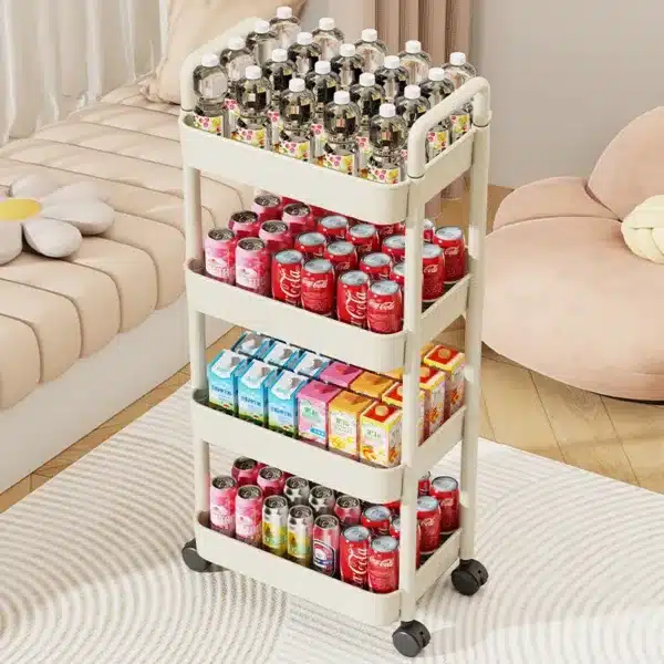 Chariot de rangement à roulettes 4 niveaux, idéal pour stocker des boissons et des aliments dans une cuisine ou un salon.