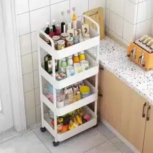 Chariot de rangement à roulettes 4 niveaux, idéal pour stocker des boissons et des aliments dans une cuisine ou un salon.