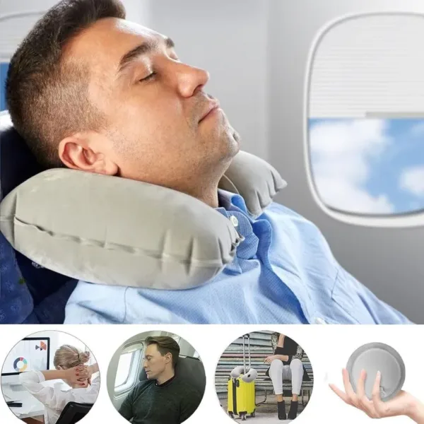 Coussin de voyage gonflable pour le cou, ergonomique et compact pour un confort optimal.