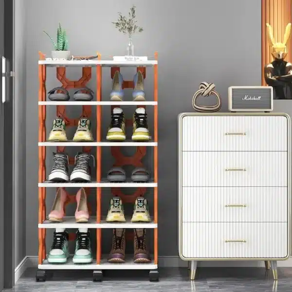 Étagère à chaussures modulable à 6 niveaux avec roulettes pour rangement pratique.