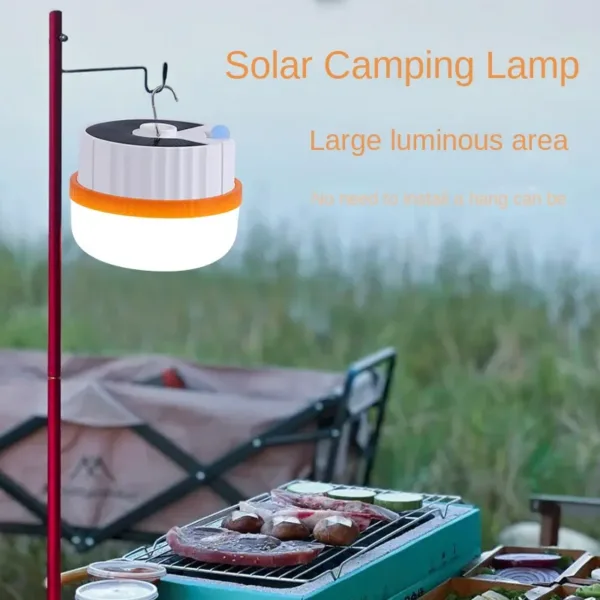 Lampe LED solaire rechargeable avec crochet, parfaite pour le camping et les espaces extérieurs