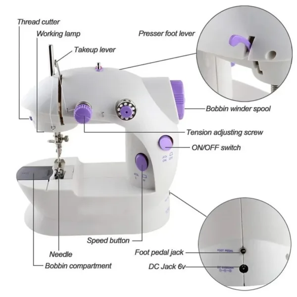 Machine à coudre électrique portable, compacte et légère, avec commandes simples et fonctionnalités polyvalentes, idéale pour tous types de projets de couture.