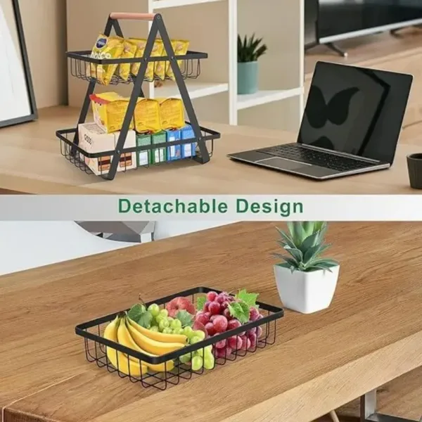 Panier à fruits en métal à 2 niveaux de couleur noire, idéal pour organiser les fruits dans la cuisine