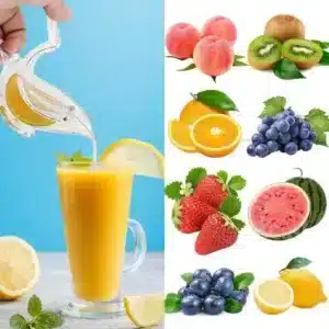 Presse citron manuel en plastique transparent avec tranche de citron, parfait pour extraire le jus d’agrumes dans la cuisine.