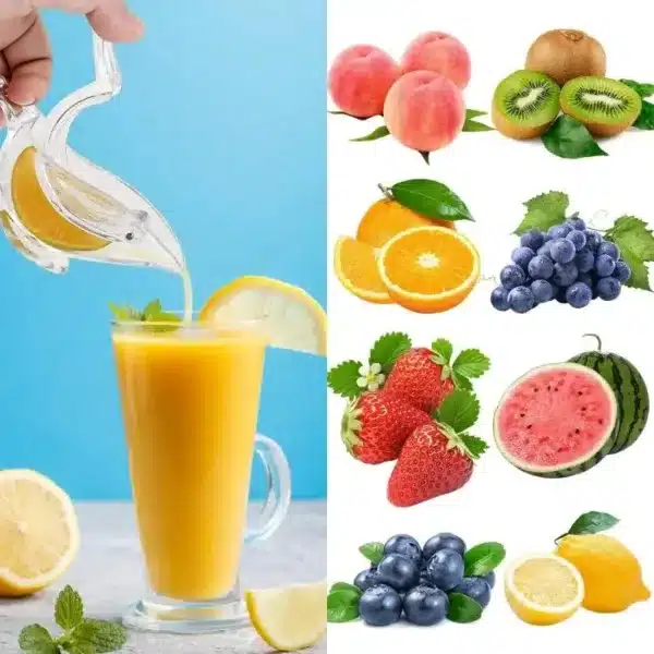 Presse citron manuel en plastique transparent avec tranche de citron, parfait pour extraire le jus d’agrumes dans la cuisine.