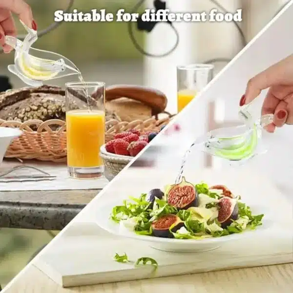 Presse citron manuel en plastique transparent avec tranche de citron, parfait pour extraire le jus d’agrumes dans la cuisine.