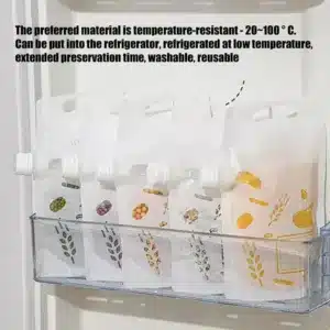 Sacs de rangement hermétiques avec bouchon refermable, utilisés pour la conservation de liquides, graines et aliments solides, pratiques et réutilisables.
