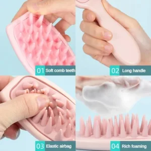 Brosse de massage en silicone avec manche, idéale pour le cuir chevelu et le démêlage des cheveux.