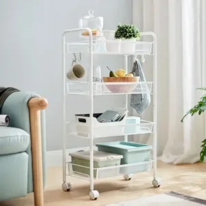 Chariot de rangement blanc à roulettes avec étagères pratiques pour organiser la maison.