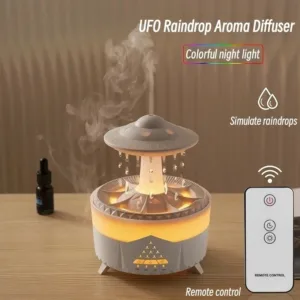 Diffuseur d'arômes UFO avec simulation de gouttes de pluie et éclairage LED coloré, télécommande pour un contrôle pratique