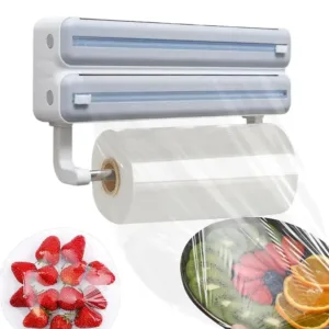 Distributeur mural 3 en 1 pour rouleaux de papier, film plastique et aluminium, idéal pour organiser la cuisine.