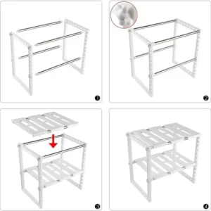 Étagère de rangement réglable pour placard sous évier, idéale pour organiser ustensiles et casseroles.