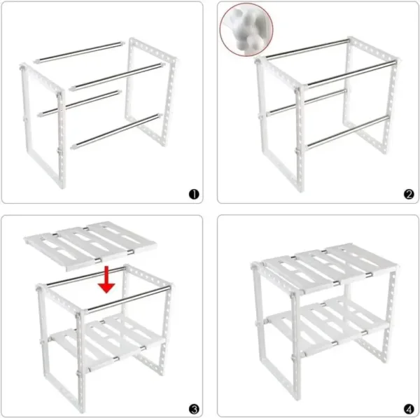 Étagère de rangement réglable pour placard sous évier, idéale pour organiser ustensiles et casseroles.