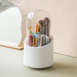 Organisateur de pinceaux de maquillage avec couvercle transparent anti-poussière.