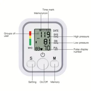 Tensiomètre électronique de bras avec interface pille et détection d'arythmie pour le suivi de la santé.