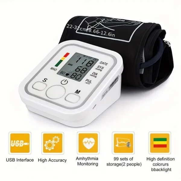 Tensiomètre électronique de bras avec interface pille et détection d'arythmie pour le suivi de la santé.
