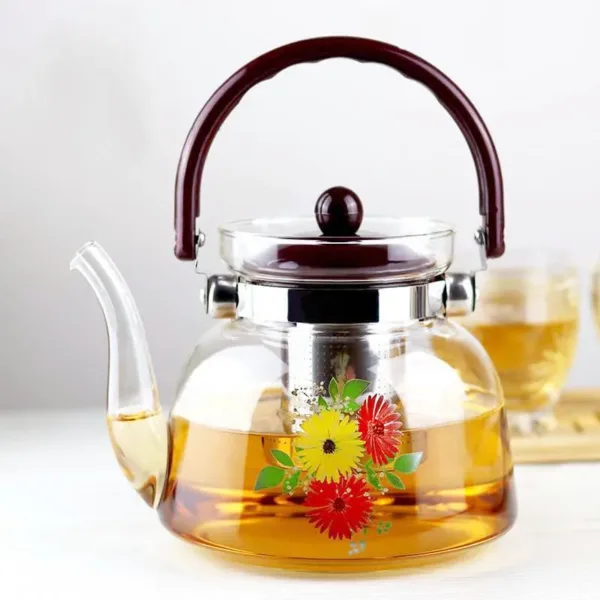 Théière en verre avec motif floral et infuseur en acier inoxydable