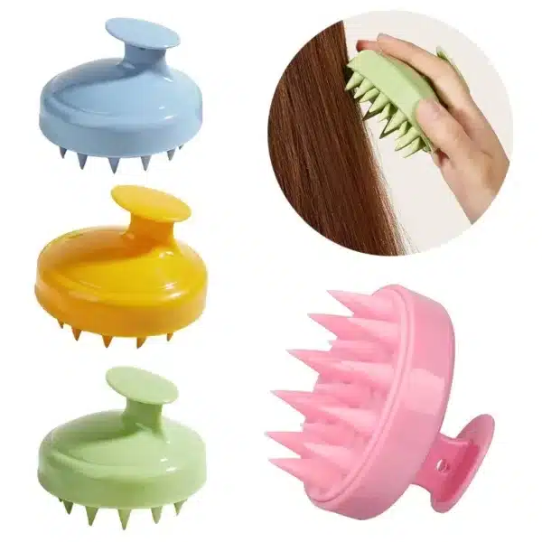Brosse de massage en silicone pour le cuir chevelu, stimulante et idéale pour un nettoyage capillaire en profondeur.