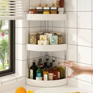 Étagère de rangement d'angle rotative pour cuisine et organisation pratique.