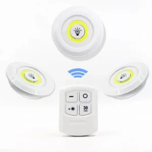 Kit de 3 lampes LED sans fil avec télécommande montrant intensité réglable et minuterie pratique.