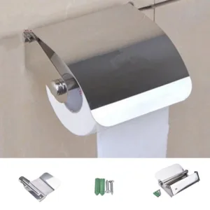 Porte papier toilette mural en acier inoxydable avec couvercle et accessoires de fixation.