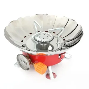 Réchaud à gaz portable pliable avec pare-vent pour camping et randonnée.
