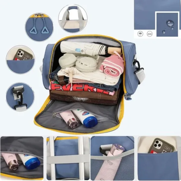 Sac de sport multifonction bleu et beige avec bandoulière ajustable.