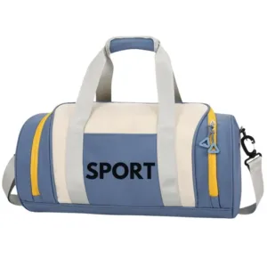 Sac de sport multifonction bleu et beige avec bandoulière ajustable.