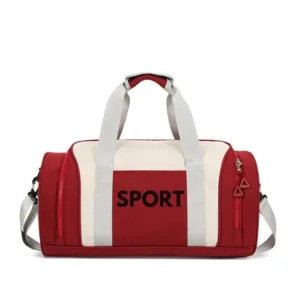 Sac de sport multifonction bleu et beige avec bandoulière ajustable.