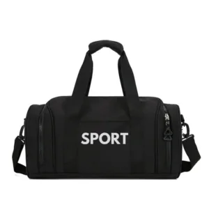 Sac de sport multifonction bleu et beige avec bandoulière ajustable.