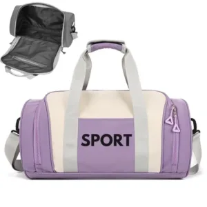 Sac de sport multifonction bleu et beige avec bandoulière ajustable.