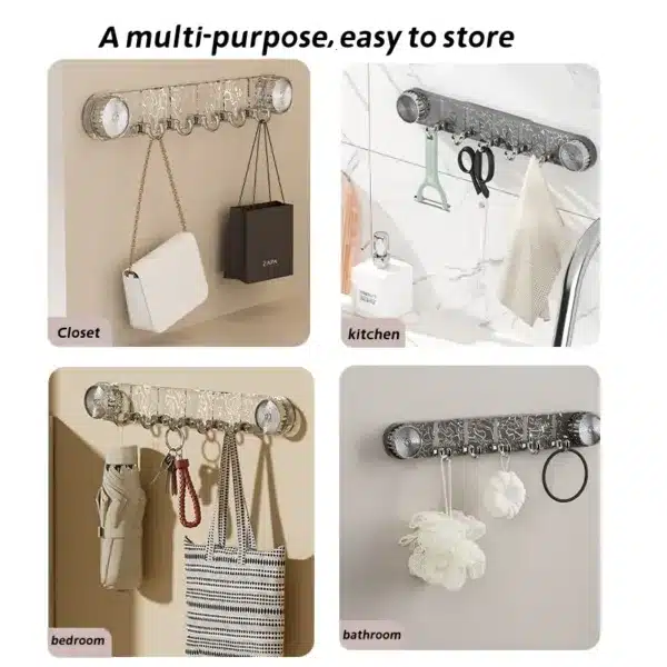 Bande de crochets muraux avec ventouses, fixation sans perçage pour accessoires et ustensiles.