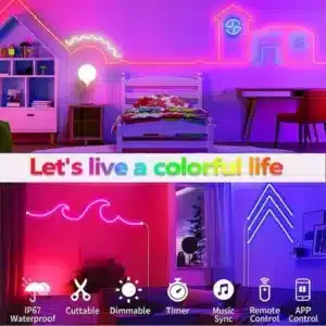Bande LED néon flexible RGB avec télécommande et contrôle via application mobile.