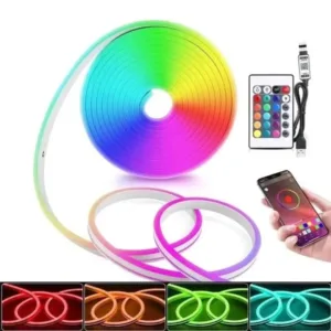 Bande LED néon flexible RGB avec télécommande et contrôle via application mobile.