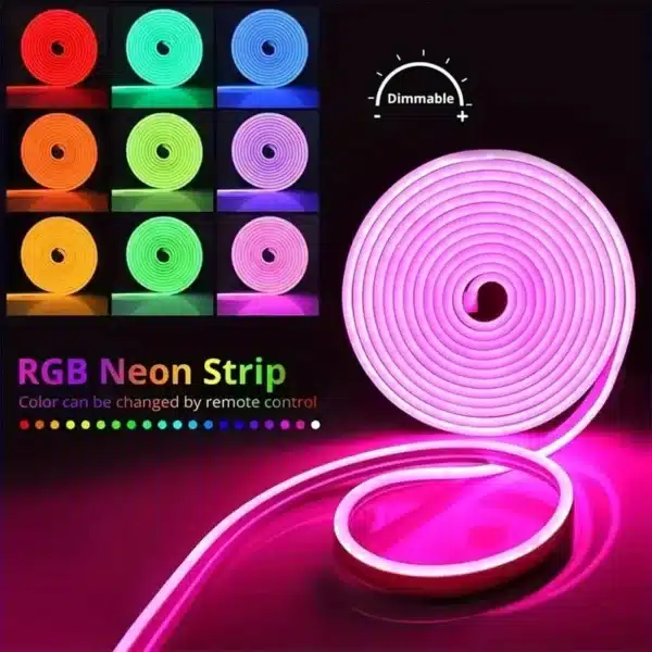 Bande LED néon flexible RGB avec télécommande et contrôle via application mobile.