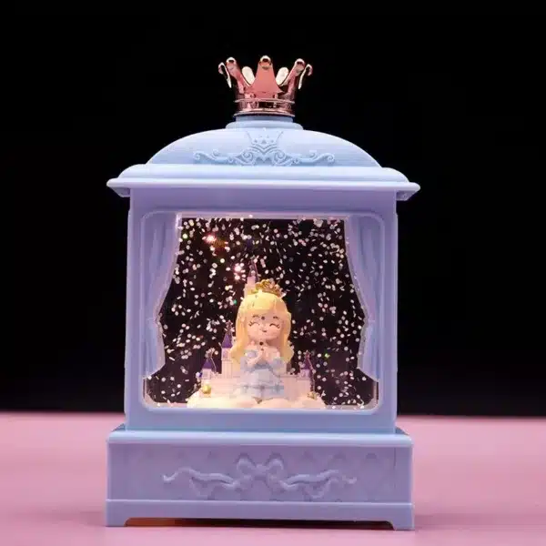 Boîte à musique princesse bleue avec effet neige scintillant et lumière LED.
