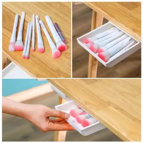 Boîte de rangement invisible sous bureau, organisateur adhésif pratique et discret.