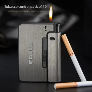 Briquet multifonction avec étui à cigarettes intégré, design métal brossé.